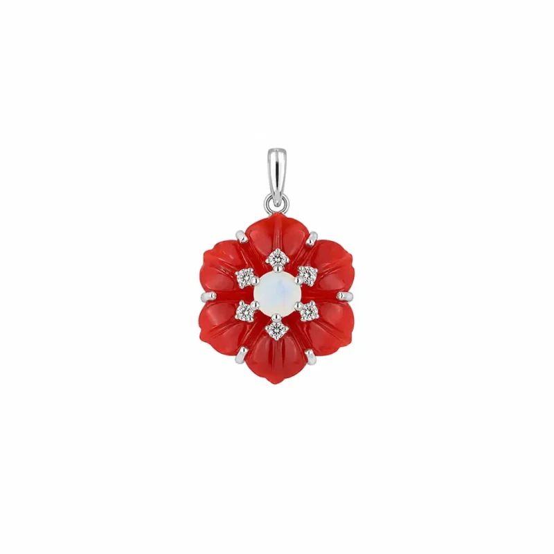 silver pendant with carved flower red onyx gemstone with rainbow moonstone and cubic zirconia