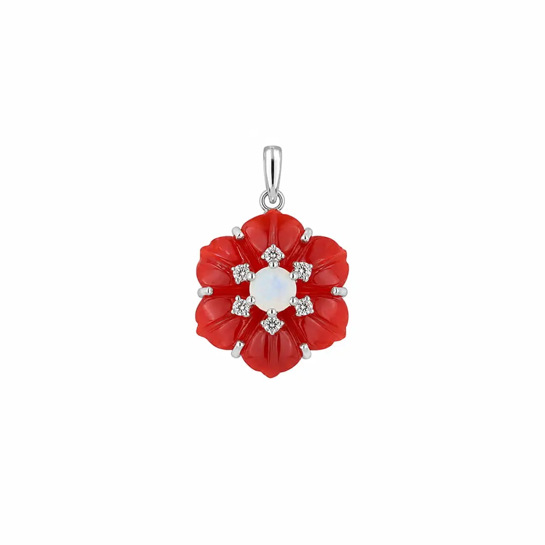 carved gemstone 3a silver pendant red onyx and rainbow moonstone flower a silver pendant with carved flower red onyx gemstone with rainbow moonstone and cubic zirconia