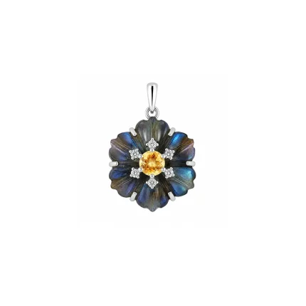silver pendant with carved flower labradorite gemstone with citrine and cubic zirconia
