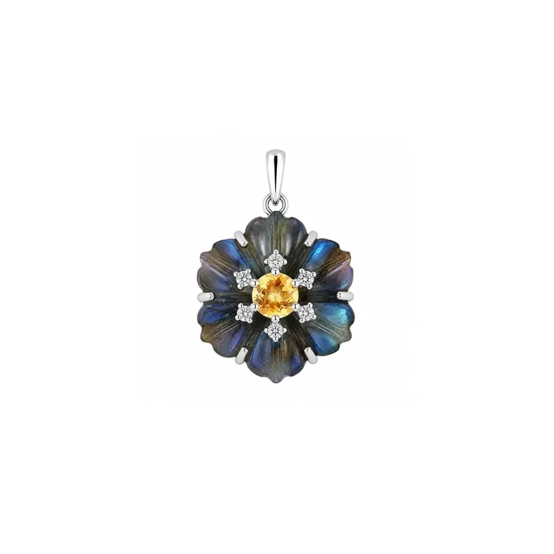 silver pendant with carved flower labradorite gemstone with citrine and cubic zirconia