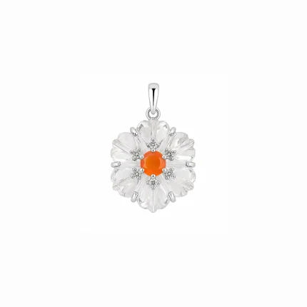 silver pendant with carved flower crystal gemstone with carnelian and cubic zirconia