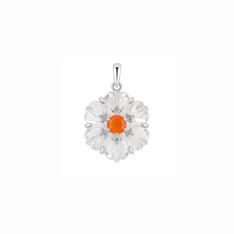 silver pendant with carved flower crystal gemstone with carnelian and cubic zirconia