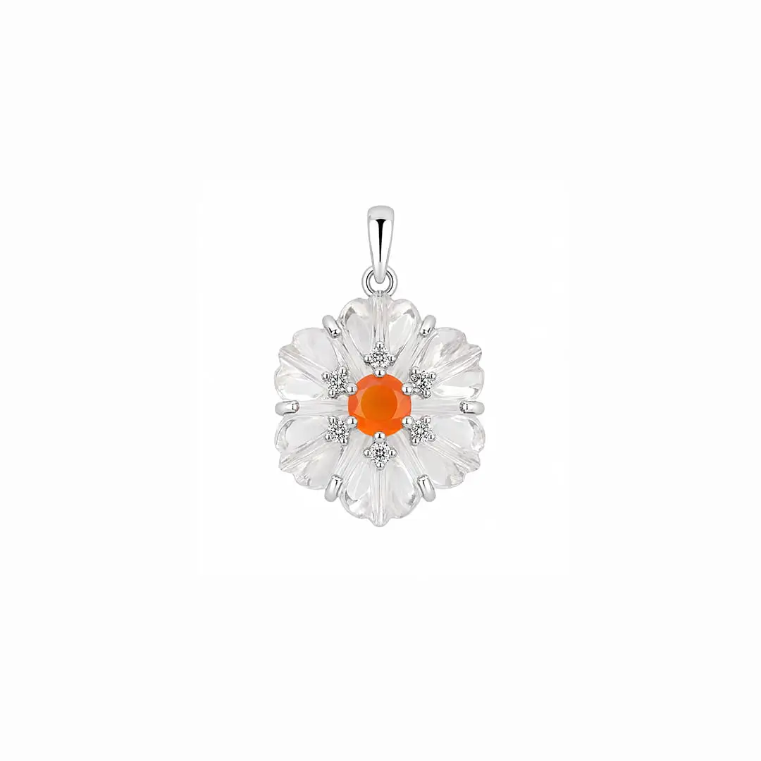 carved gemstone 3d silver crystal and carnelian flower a silver pendant with carved flower crystal gemstone with carnelian and cubic zirconia
